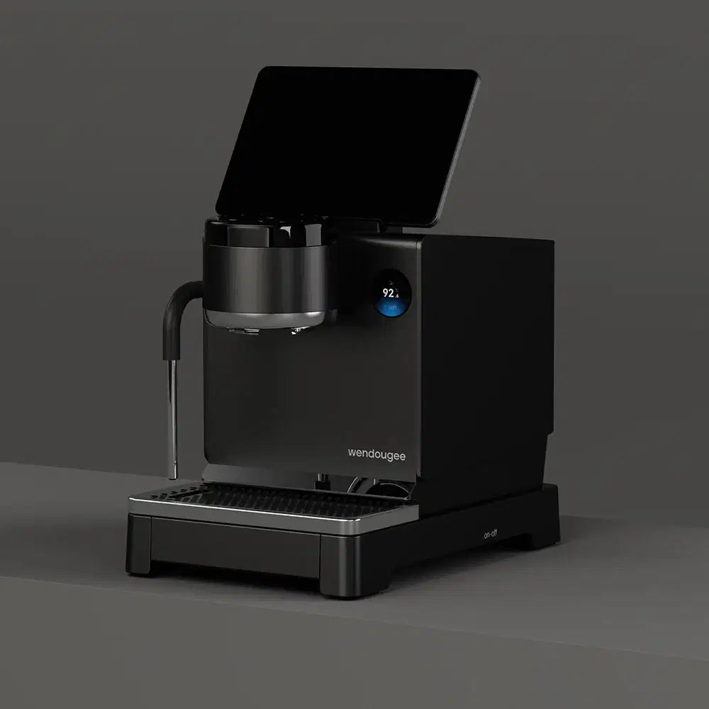 Wendougee LITA BA in Black, three-quarter angle, showing the cool-touch steam wand and screen showing the brew boiler temperature.