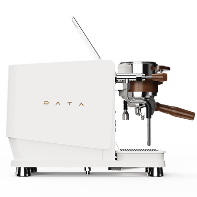 White Wendougee DATA S espresso machine in black with wooden portafilter handle