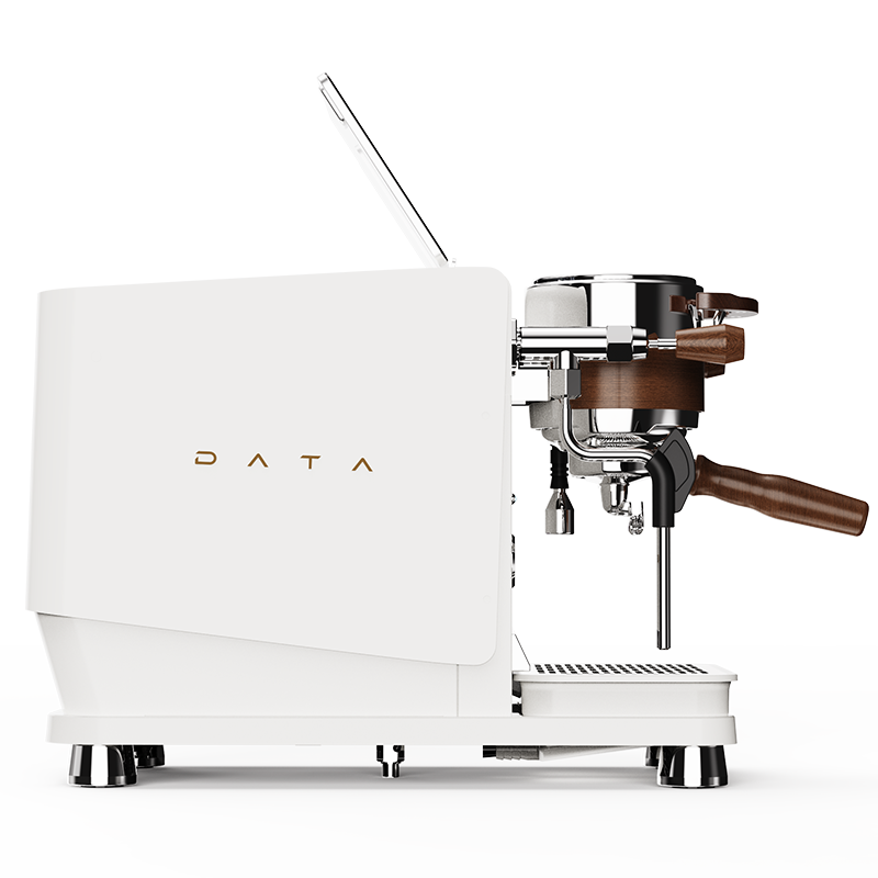 White Wendougee DATA S espresso machine in black with wooden portafilter handle